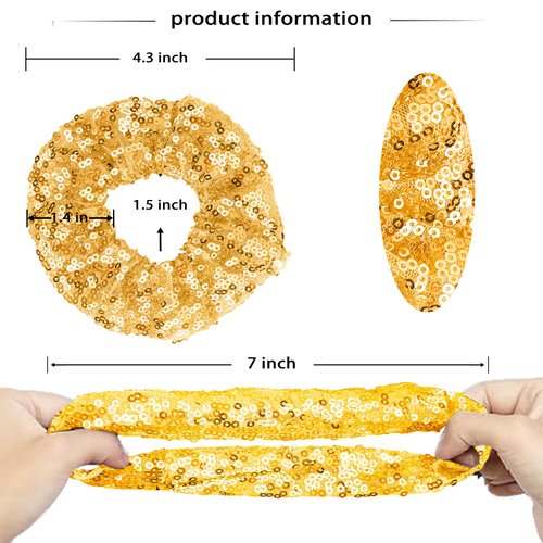 12 Pcs Sparkle Sequins Scrunchies Cheer Hair Scrunchies For Thick Hair School Performance Scrunchy Sports Ponytail Holder Wrist for Girls Cosplay Show (Gold)