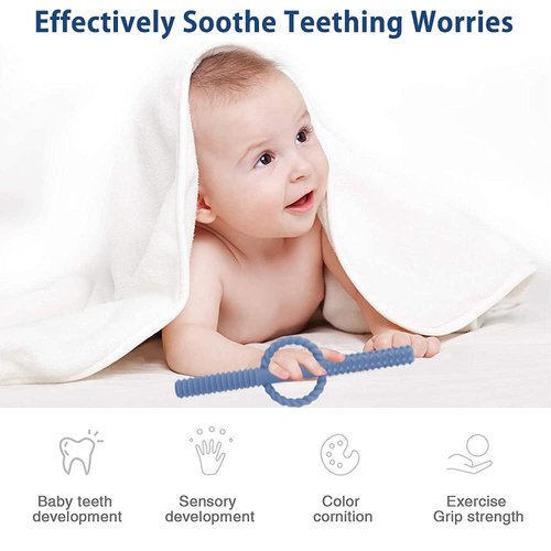 YAPROMO Silicone Baby Teether Tubes for Infants with Nursing Biting Chewing - 3 Pack 3 Pcs-Blue&Beige&Grey