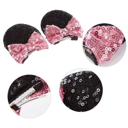 2 Pairs Mouse Ears Hair Clips & Mouse Hair Bows Barrettes for Women Girls Costume Accessories Birthday Party Decorations Pink