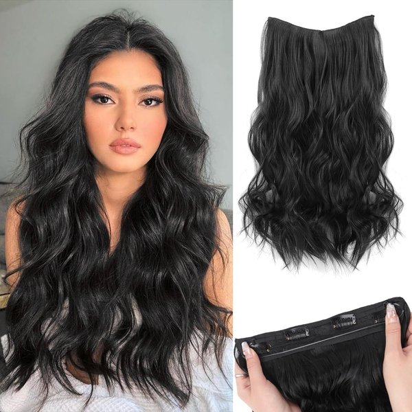 Gx Beauty Invisible Wire Clip in Hair Extensions Long Wavy Clips in Hairpiece for Women Secret Transparent Wire Adjustable Size 4 Secure Clips 20 Inch Natural Black