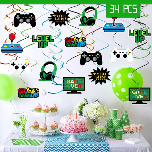 MIAHART 34 Pieces Video Game Party Hanging Swirls Decorations Foil Ceiling Streamers for Video Game Themed Birthday Party Decorations