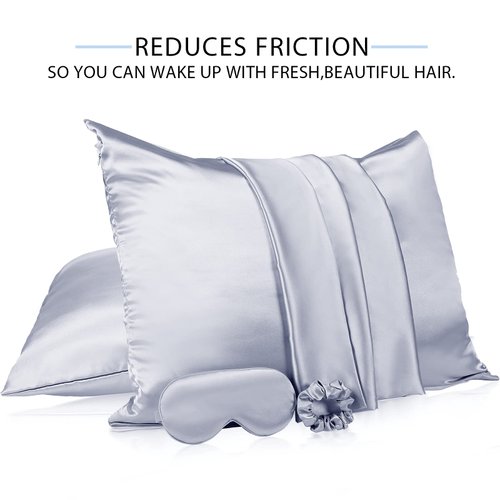 2 Pack Satin Pillowcase with Latent Zipper, Adjustable Satin Eye Mask for Sleeping and Satin Volume Scrunchie for Hair and Skin, Standard Size (Silver,Classic Style)