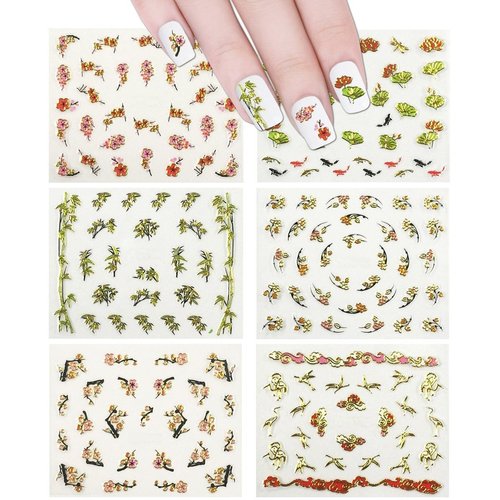 ALLYDREW 6 Sheets Asian Inspired Nail Stickers Nail Art Cherry Blossom Nail Stickers Fish Nail Art - Cherry Blossoms, Bamboos, Gingko Leaves, Koi, Dragonflies & Cranes (6 Designs)