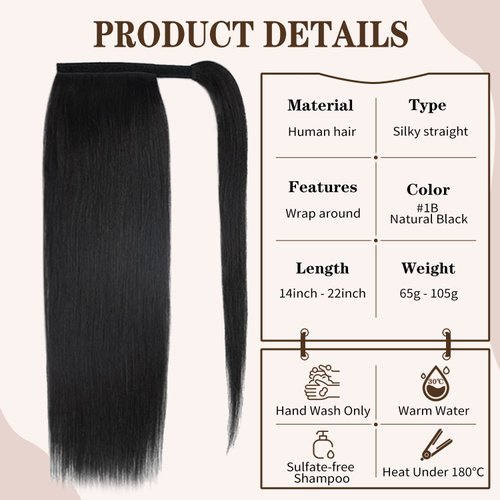 20" Human Hair Ponytail Extensions 95g #1B Natural Black 100% Remy Human Hair Wrap Around Long Ponytail Clip in Hair Extensions Straight One Piece Hairpiece (20", Natural Black)