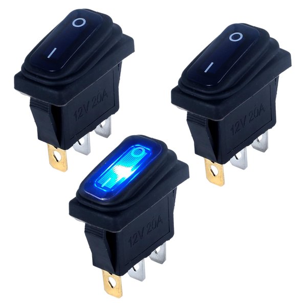 DMWD 3Pcs Waterproof 12Volt 20A Rocker Switch with Blue Light SPST 3 Pins ON Off Square Switch Snap-in Design for Car Boat Marine RV Truck