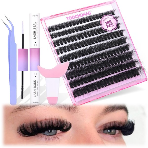 Fluffy 80D Lash Extension Kit DD Curl Eyelash Extension Kit 10-18mm 180pcs Lash Clusters Kit with Lash Bond and Seal Thick Individual Lashes Extension Kit with Eyelashes Tools &Tweezers by TOOCHUNAG