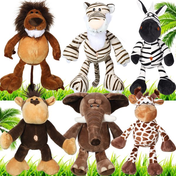 Zhanmai 6 Pieces Safari Stuffed Animals Plush Jungle Animal Toys Set for Boys Girls, Lion Elephant Zebra Giraffe Tiger Monkey for Animal Themed Parties Student Award Christmas(Novel Style)
