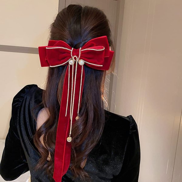 Wiwpar Red Velvet Bow Hair Clips for Women Big Bow Barrettes Pearl Bead Tassel Hair Clips Bowknot with Long Brocade Tassel Ribbon Tail Hair Pins Claw Hair Accessories for Christmas Gift Party (red)