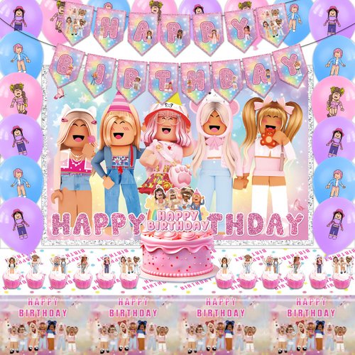 Cartoon Themed Birthday Party Supplies，Birthday Party Decorations Includes Banners Cake Topper Balloons Tablecloth Cupcake Toppers backdrop