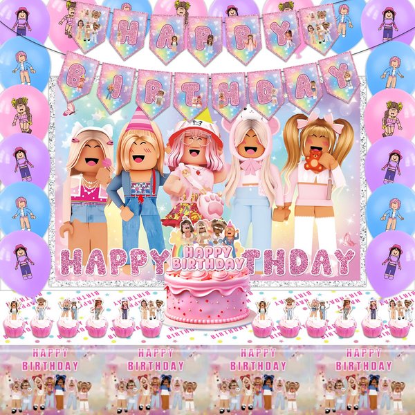 Cartoon Themed Birthday Party Supplies，Birthday Party Decorations Includes Banners Cake Topper Balloons Tablecloth Cupcake Toppers backdrop