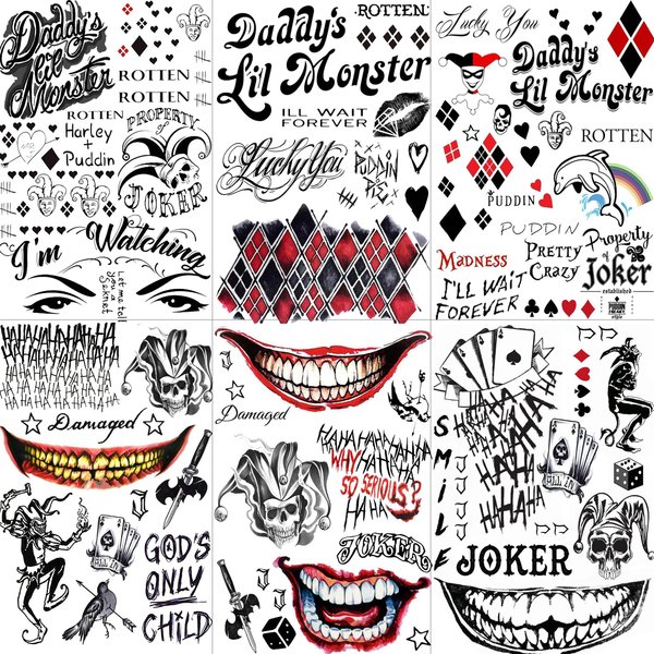 GOROMON 6 Sheets 3D Joker Tattoos Stickers, Halloween Damaged Joker Temporary Tattoos For Women Men Adults Hand Face, Halloween Makeup Kit Costume Party Rave Accessories Clown Prison Rapper Prisoner F