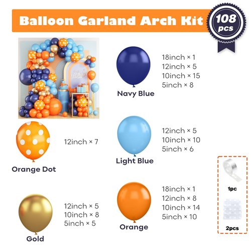 Blue and Orange Balloons Arch Kit, 108 Pcs Orange and Navy Blue Balloon Garland Kit with Metallic Gold Orange Dot Latex Balloons for Kids Boys Cartoon Theme Party Baby Shower Boys Birthday Decorations