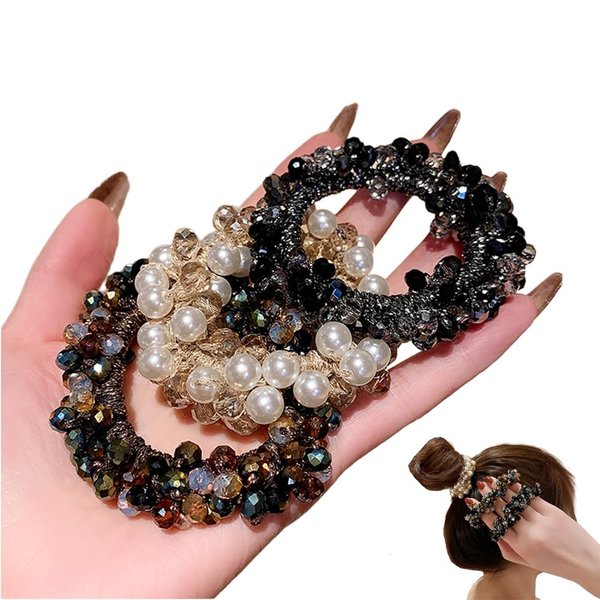 Xiwstar 3Pcs Crystal Beads Hair Ties Hair Ropes Hair Scrunchies Hair Elastics Pearl Ponytail Holders Hair Wrist Ties Bands Scrunchies Hair Accessories for Girls Women