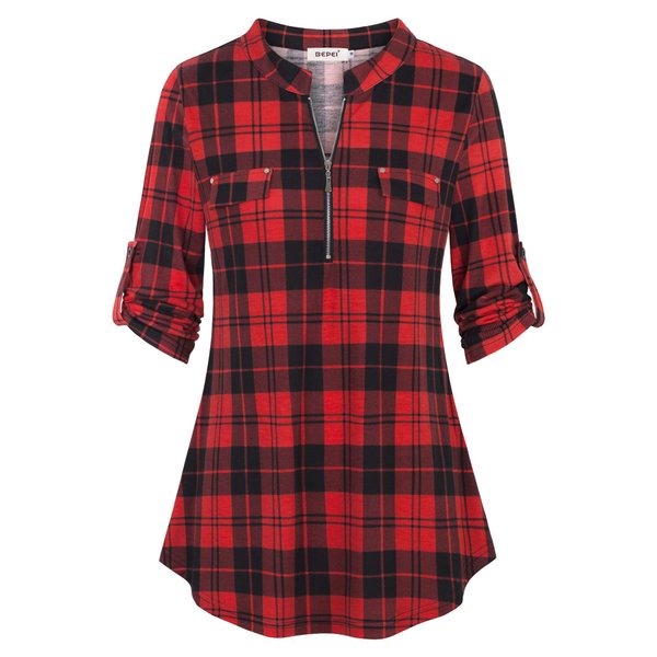 BEPEI Plaid Shirts for Women,3/4 Sleeve Collared Flannel Zip up V Neck Slim Fitted Tunic Tops Cowgirl Button Down Dressy Casual Work Checked Blouse Fall Fashion 2024,Black Red 2XL