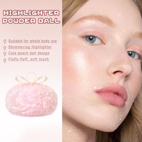NewBang Highlighter Makeup Powder Plush Peach Ball Puff Glitter Shimmer Sparkle Loose Patting Powder for Body Face Hair Multi-Use High Gloss Shine Bright Illuminator Makeup Glossy Diamond Glow