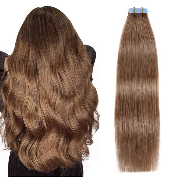 SUYYA Tape in Hair Extensions Remy Human Hair Chestnut Brown 14 inches 40g/pack 20pcs Straight Seamless Skin Weft Tape in Extensions(14 inches #6 Medium Brown)