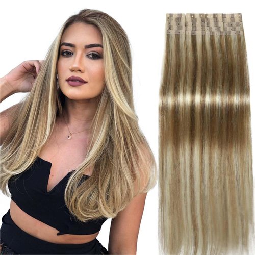 WIGER Highlighted Honey Blonde Human Hair Extensions No Glue 9A/60 Colored Tape in Insert Human Extensions Seamless Balayage Tape ins Invisible PU Hair Extensions (16 In, 20 Pcs)