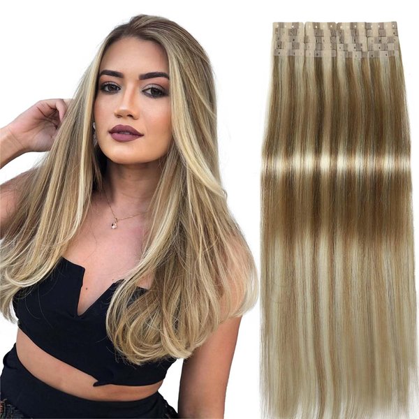 WIGER Highlighted Honey Blonde Human Hair Extensions No Glue 9A/60 Colored Tape in Insert Human Extensions Seamless Balayage Tape ins Invisible PU Hair Extensions (16 In, 20 Pcs)
