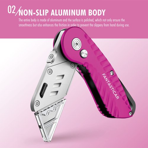 FantastiCAR Folding Utility Knife, Sturdy Metal Box Cutter with Extra 5 Blades, Quick Blade Change, and Preminium Gift Packaging, for Cardboard Opener, Paper Cutter (Hot Pink)