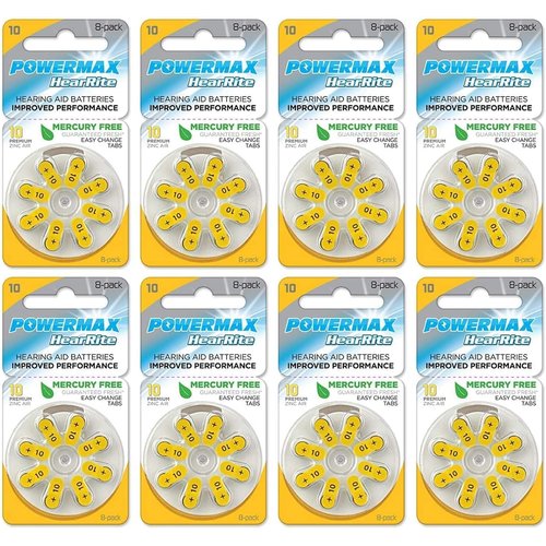 Powermax Size 10 Hearing Aid Batteries, Made In USA, Yellow Tab, 64 Count