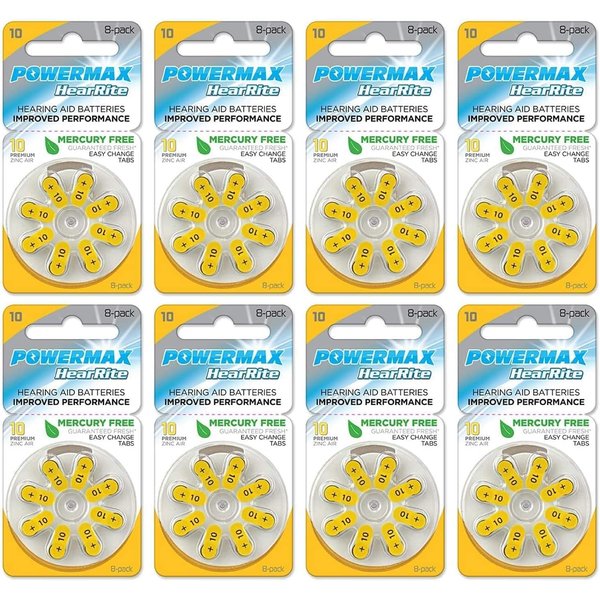 Powermax Size 10 Hearing Aid Batteries, Made In USA, Yellow Tab, 64 Count