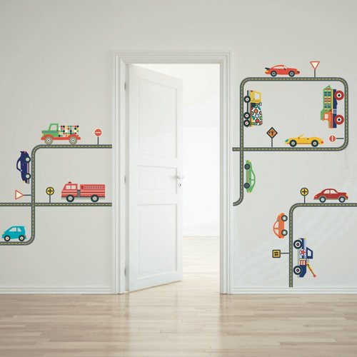 Cool Cars, Trucks, Road Straight & Curved Wall Decals Reusable Eco-Friendly Matte Wall Stickers