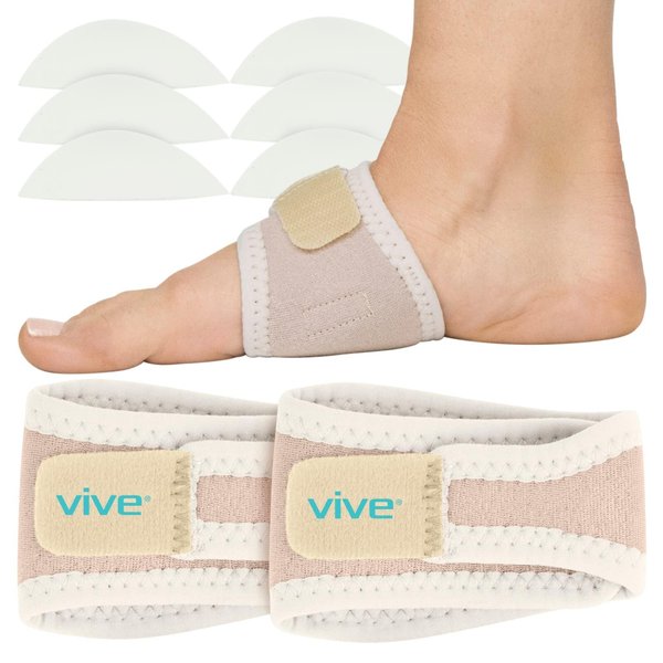 Vive Foot Arch Support Brace (Pair) - Wrap Corrector for Flat Foot, Plantar Fasciitis, Pain Relief, Fallen Arches - Compression Sleeve Strap for Feet - Gel Bands Inserts for Women & Men (Beige)