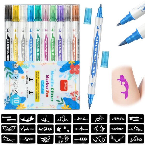 AOMIG Temporary Tattoo Markers for Skin, 10Pcs Double-ended Glitter Temporary Tattoo Pen Kit with Stencils Of 24 Different Patterns Shimmery Tattoo Markers for Kids Birthday Party Dress Up