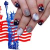 24Pcs 4th of July Press on Nails Short Star Blue Gradient Fake Nails White Stars Glue on Nails Independence Day Shiny Glitter Firework False Nails Acrylic Nails for Women Girls Accessories Decoration