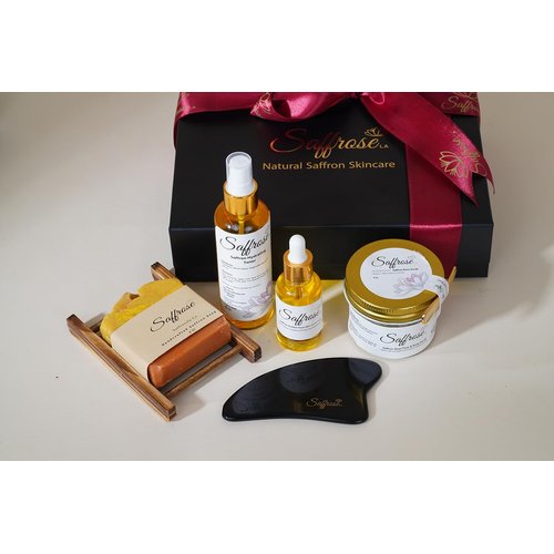 SaffroseLA Handmade Saffron Skincare Gift Set, 5pc including Saffron Soap, Bamboo Soap Dish, Saffron Scrub, Saffron & Rose Facial Toner, Facial Oil, & Gua Sha