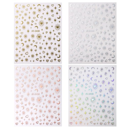 8Sheets Gold Star Heart Moon Nail Stickers,3D Silver Stars Hearts Nail Art Stickers Rose Gold Laser Silver Metallic Hollow Heart Moon Star Nail Decals for Women Nail Decor Nail Design Nail Accessories