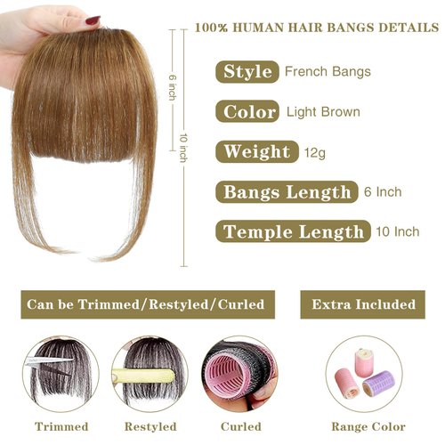 BUPPLER Clip in Bangs 100% Real Human Hair Pieces Hair Clip on bangs for women Faux Bangs Clip in Hair Extensions with Hair Roller for Daily Wear(5.5 * 6 Inch, Light Brown)