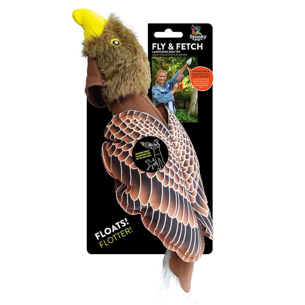 Spunky pup Fly & Fetch Plush Eagle Dog Toy | Interactive 100 ft Sling Shot Launcher with Built-In Bungee | Pull Back & Release | Durable Construction | Ballistic Fabric | Floats | For Medium Breeds