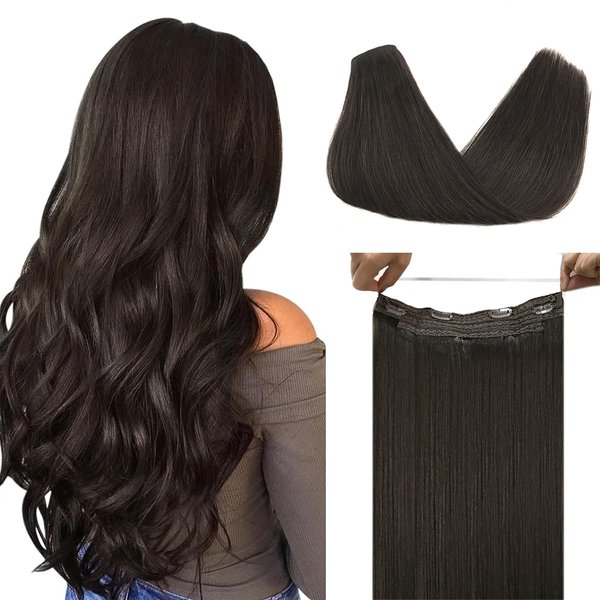 DOORES Human Hair Wire Hair Extensions Dark Brown 14 Inch 75g Straight Real Hair Extensions Wire Hair Extensions with Invisible Fish Line Straight Natural Hairpiece