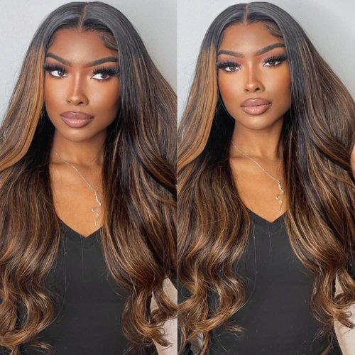 KLAIYI Ombre Brown Highlight Body Wave Human Hair Extensions 3 Bundles of 20 20 20Inch Balayage Honey Blonde Virgin Hair Weaves for Women Double Wefts Wavy Remy Hair with Dark Roots Sew In Piano Color