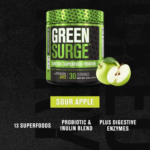 Jacked Factory Green Surge Green Superfood Powder- Keto Friendly Greens Drink w/Spirulina, Wheat & Barley Grass, Organic Greens - Green Tea Extract, Probiotics & Digestive Enzymes - Sour Apple - 30sv