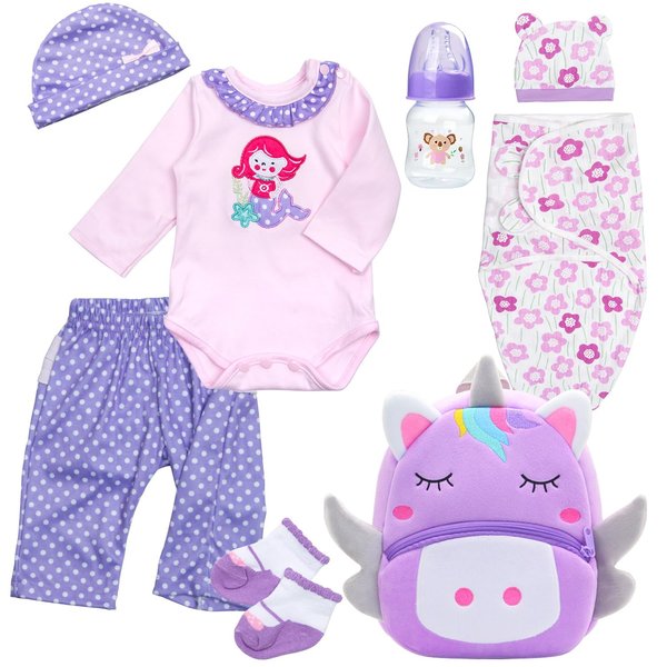 8 PCS Reborn Baby Doll Clothes Accessories for 17-22 Inch Reborn Dolls Girl Romantic Purple Baby Doll Clothing Set with Unicorn Backpack and Floral Swaddle Blanket