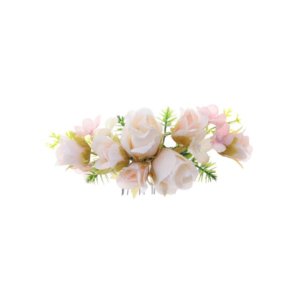 Handmade Floral Hair Comb, Beige Rose Flowers with Green Leaves