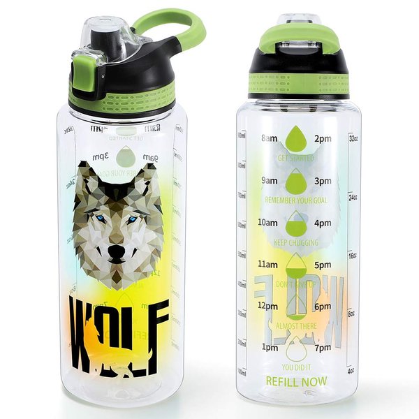 Home Tune 32oz Motivational Water Bottle with Time Marker, BPA FREE Tritan & Leak Proof & Carry Handle & Unique Design & Easy Clean (Wolf)