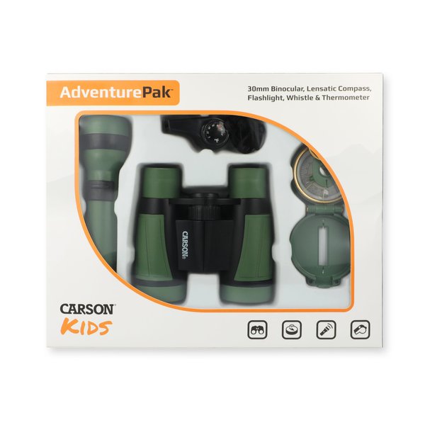 Carson AdventurePak Containing 30mm Kids Field Binoculars, Lensatic Compass, Flashlight and Signal Whistle with a Built-in Thermometer (HU-401), Multicolor