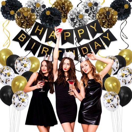 Gold Black Birthday Balloons Decorations Women Men Birthday Party Supplies Including Pom Poms Flowers Happy Birthday Banner Dots Garland Hanging Swirls and Balloons Confetti