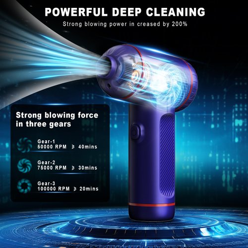 Compressed Air Duster,3 Gear Adjustable 100000RPM Electric Air Duster, Rechargeable Cordless Air Blower with LED Light for Computer Keyboard Electric Devices Cleaning. Replaces Compressed Air Cans