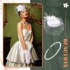 3 Pieces Fascinator Hat for Women Tea Party Derby Hat with Veil Feather Funeral Headpiece Lace Gloves Pearl Necklace (White)