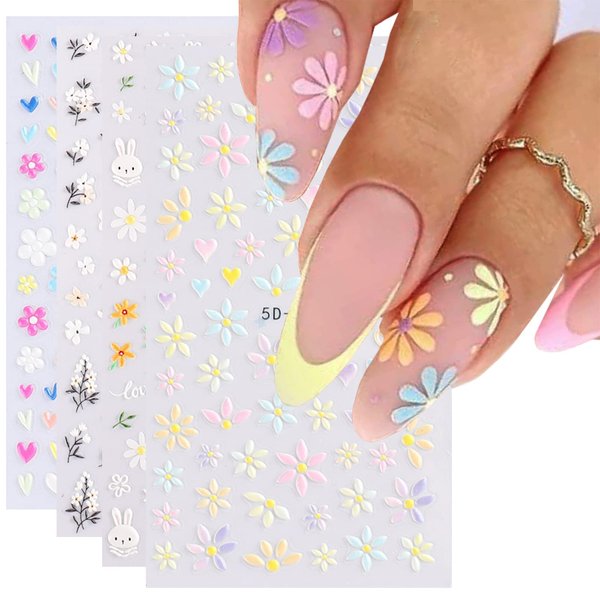 Flower Nail Art Stickers Exquisite Daisy Leaves Rabbit Dragonfly Nail Stickers 5D Self-Adhesive Nails Art Supplies 3PCS Flower Design French Manicure Decals Tips for Women DIY Nail Art Decorations