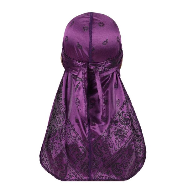 DINPREY Assorted Paisley Bandana Doo rag Cap Headwraps Men's Women's Silk Durag with Long Tail and Wide Straps for 360 Waves (Purple)