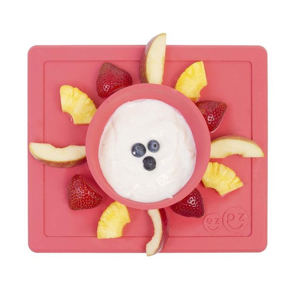 ezpz Happy Bowl - 24 Months + (Coral) - 100% Silicone Suction Bowl with Built-in Placemat – Dishwasher Safe