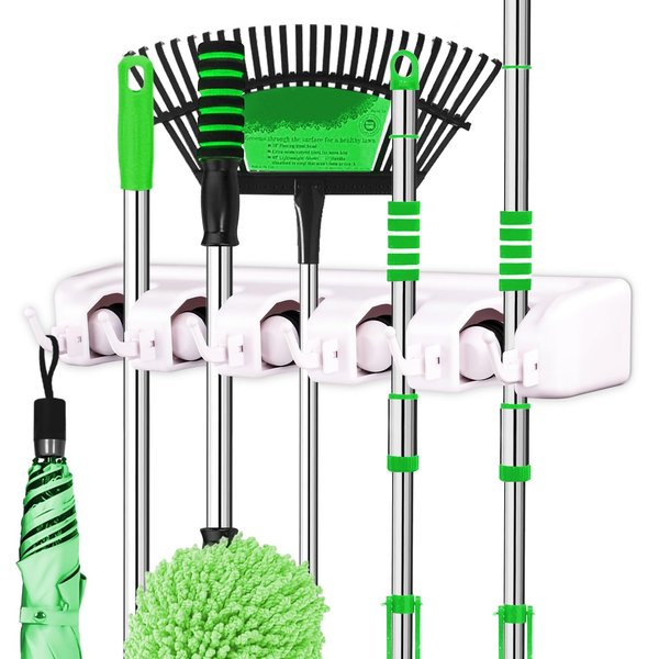 LETMY Broom Holder Wall Mount - Mop and Broom Hanger Holder - Garage Storage Rack & Garden Tool Organizer - 5 Position 6 Hooks Broom Rack for Home, kitchen, Garden, Tools, Garage Organization - White