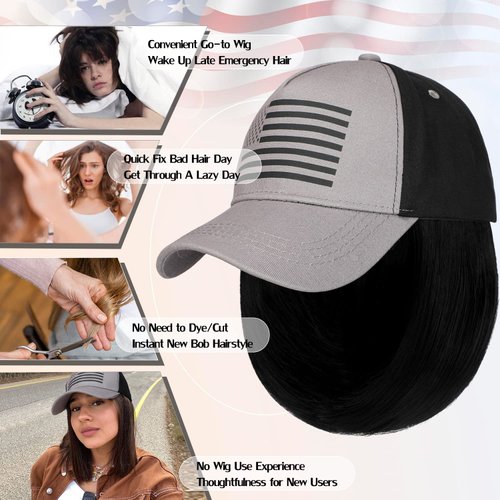 Qlenkay American Flag Hat Wig USA Flag Adjustable Baseball Cap Attached with 14" Hair Extensions Straight Bob Synthetic Hairpiece for Women Dark Black