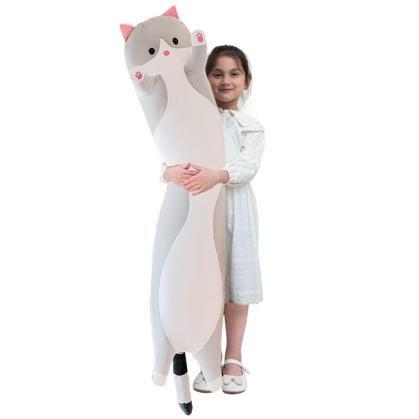 Giant Cat Pillow Plush Cartoon Kitty Sleeping Hugging Pillow, Cuddly Soft Long Kitten Body Pillow Doll Cat Cushion Toy for Kids Girlfriend (Gray, 70cm/27.55inch)