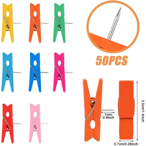 50 PCS Colorful Push Pin with Wooden Clips, Durable, Decorative Pushpins Tacks Thumbtacks for Cork Board Artworks Notes Photos, Craft Projects, Offices and Homes (8 Colors)